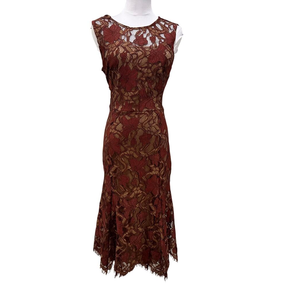Calvin Klein Rust Brown Floral Lace Midi Dress Sleeveless Wedding 8 Fall Autumn - Picture 2 of 11